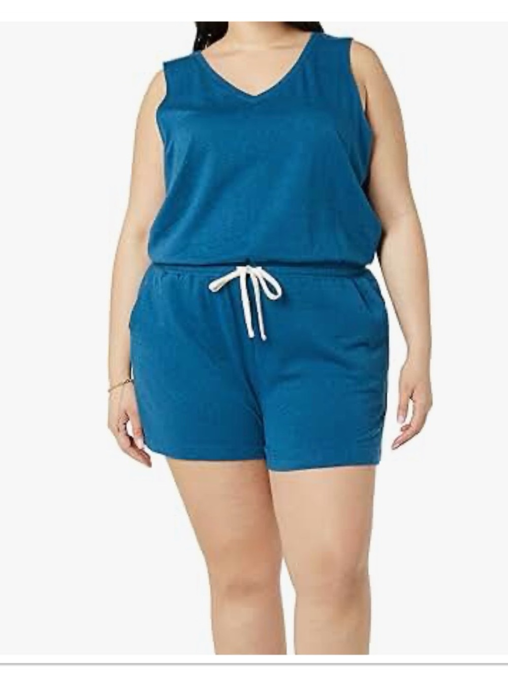 Amazon Essential Women’s Studio Terry Blue Sleeveless Romper With Drawstring